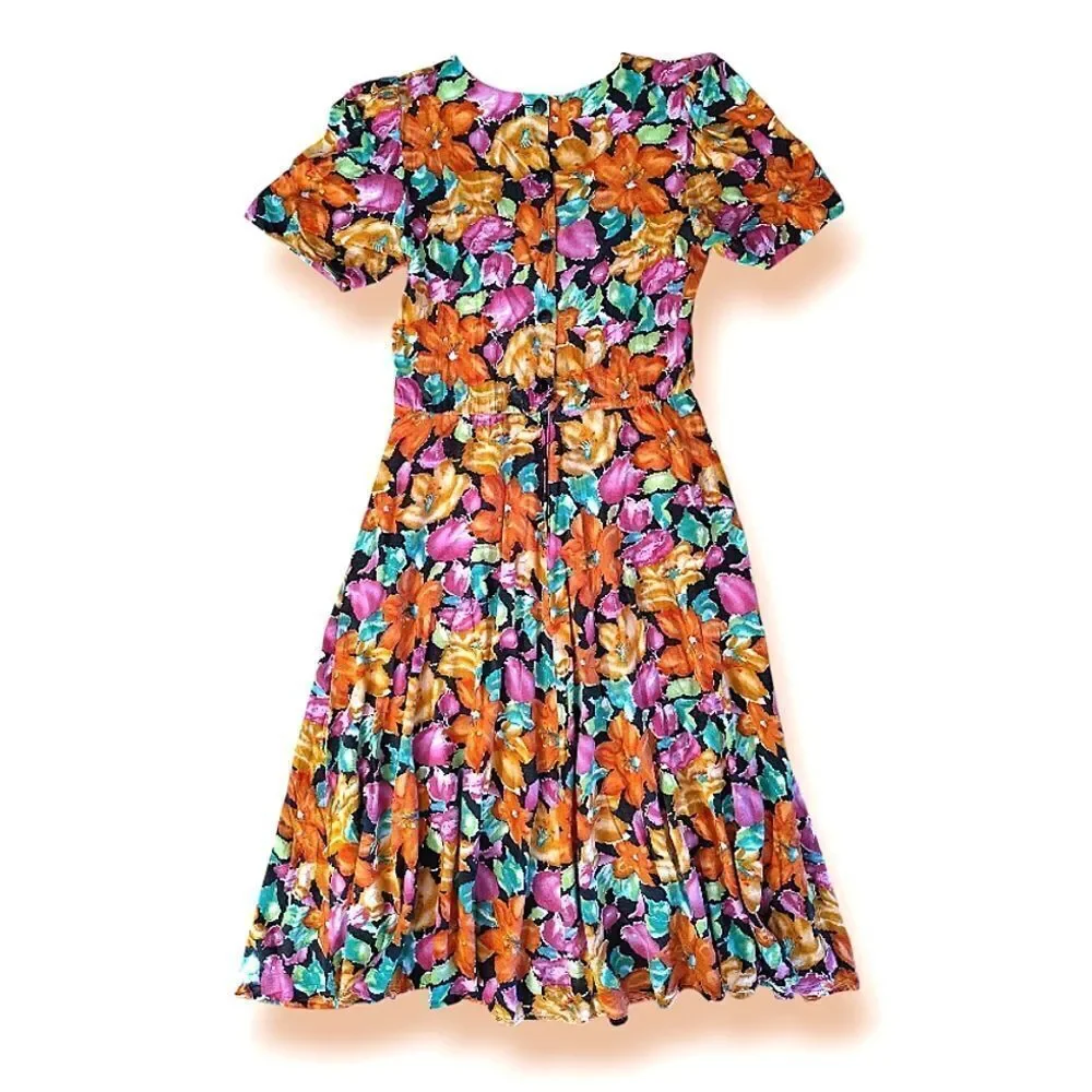 VTG 80s Bright Floral V Waist Midi Dress SZ 12 *Fits like Med Gardencore‎